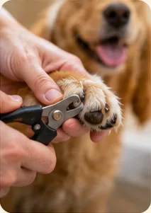 A groomer gently trimming a golden retriever’s nails