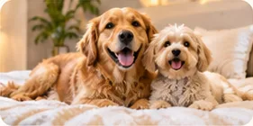 A golden retriever and a small fluffy dog sharing a bed in the Family Suite